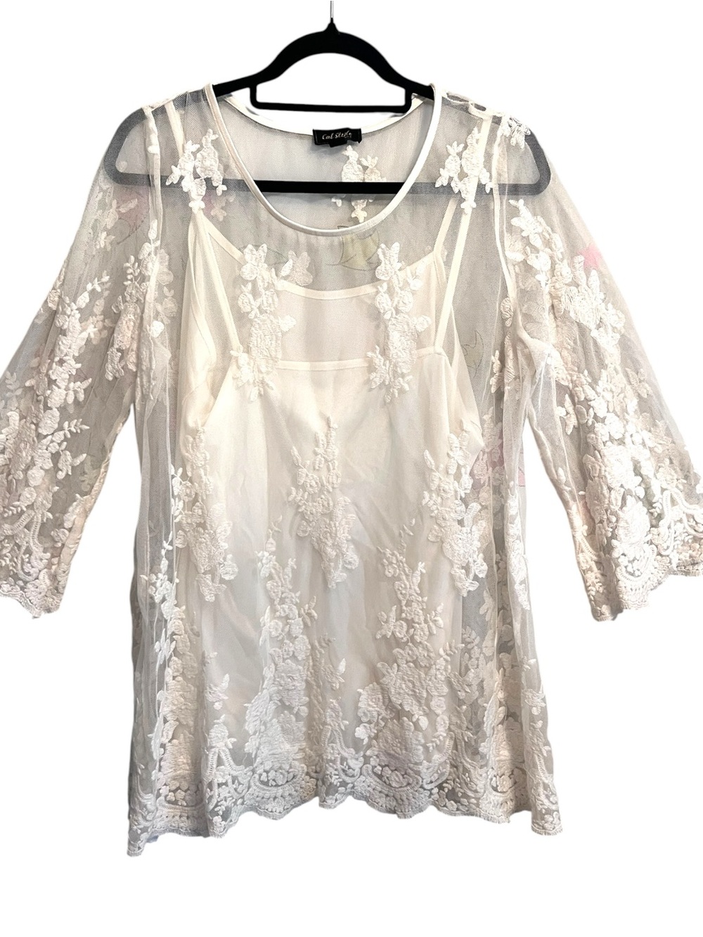 Cal Style Ivory Lace Mesh Tunic Top Medium Boho Cottagecore Romantic